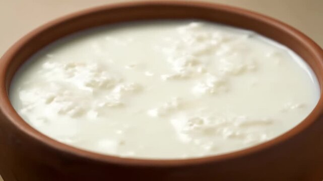 Close-up of fresh homemade curd (Dahi) in a traditional terracotta clay bowl, highlighting the creamy white texture and rustic container.