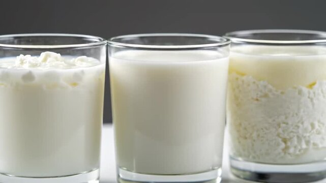 Three Glasses Showcasing Different States of Dairy Products Including Fresh Milk, Smooth Kefir, and Curdled Buttermilk or Yogurt on a Dark Studio Background
