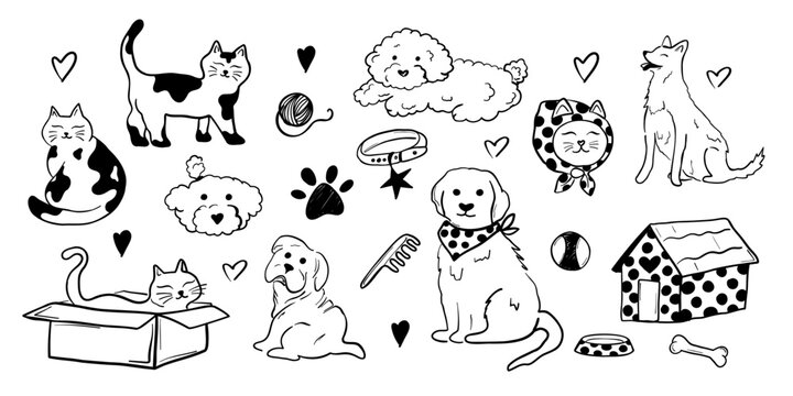 Cute hand drawn pets doodle set featuring cats and dogs with accessories and pet care elements. Veterinary grooming vignetting prints. Vector illustration.