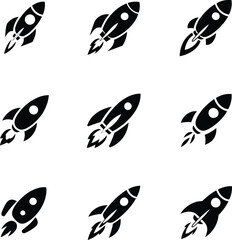 Set of modern black rocket icons in dynamic flight patterns
