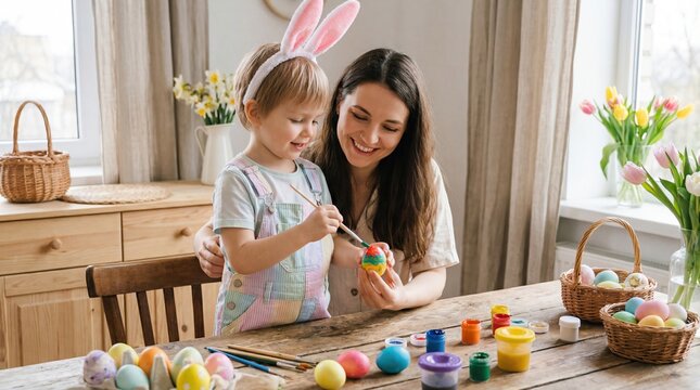 Mother and daughter painting Easter eggs together at home.