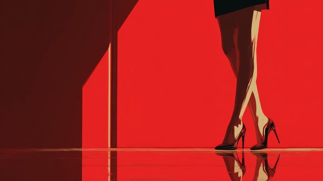 Minimalistic fashion illustration of woman's legs in high heels on reflective surface with red geometric background, suitable for style, beauty, and modern design concepts