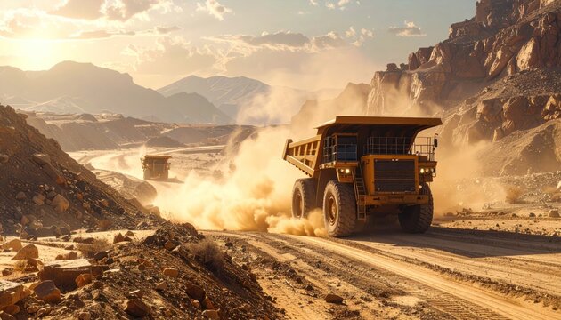 Heavy Mining Truck Transporting Ore in Dusty Open Pit Mine.