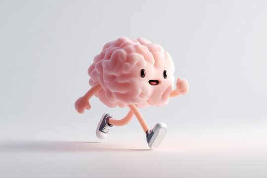 Playful cartoon brain character running in sneakers symbolizes mental fitness, creativity, and positive mindset for educational or health campaigns