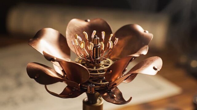 Technical Blueprint Steampunk concept. Metal flower sculpture with intricate details and warm lighting on a blurred background
