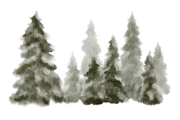 Obraz premium Watercolor winter forest with snowy fir trees. Hand painted woodland background for winter landscapes, nature scenes, kids illustration and seasonal decor.