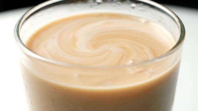 Cream or milk swirling into hot coffee or tea, macro shot of creamy beige beverage vortex in a clear glass cup.