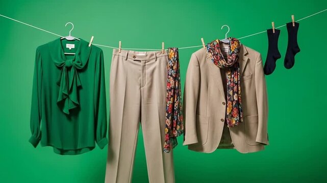 Clothing Line Drying on a Clothesline against a Bright Green Wall showcasing casual and formal attire with accessories