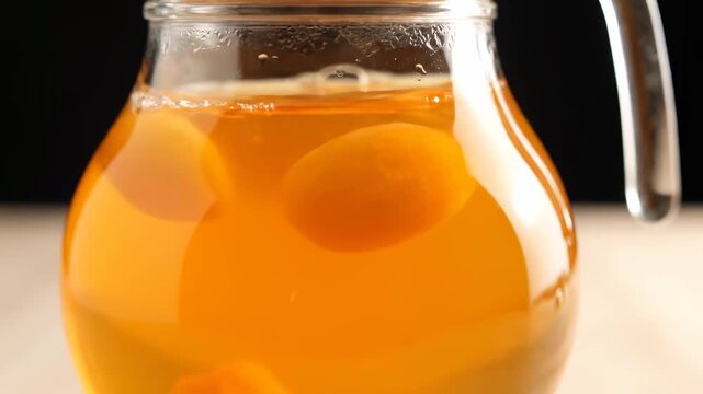 Close-up of Homemade Orange Kombucha or Fermented Tea Brewing in a Glass Pitcher, Showcasing the SCOBY Layer and Vibrant Amber Liquid