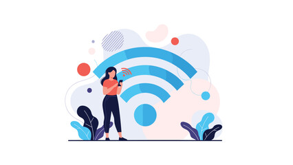 Obraz premium Connectivity and mobile technology concept with woman using smartphone near large wireless network symbol on abstract background.