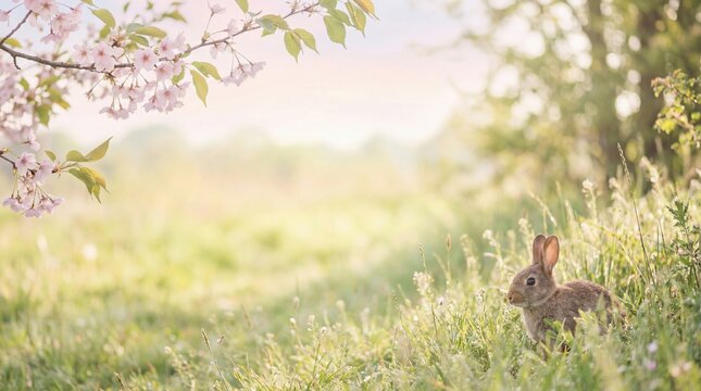 Wild rabbit in a sunlit spring meadow with blooming cherry blossoms.