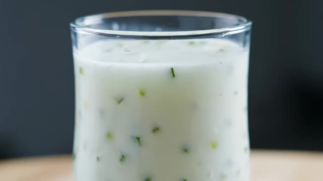 Close-up of Cold Ayran or Lassi Yogurt Drink with Green Herbs in a Condensation-Covered Glass, Tilted for Dynamic View