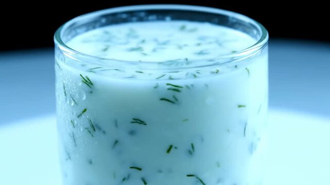 Close-up of refreshing cold Ayran (yogurt drink) in a glass covered in condensation, garnished with green herbs, suitable for summer hydration or healthy probiotic consumption.