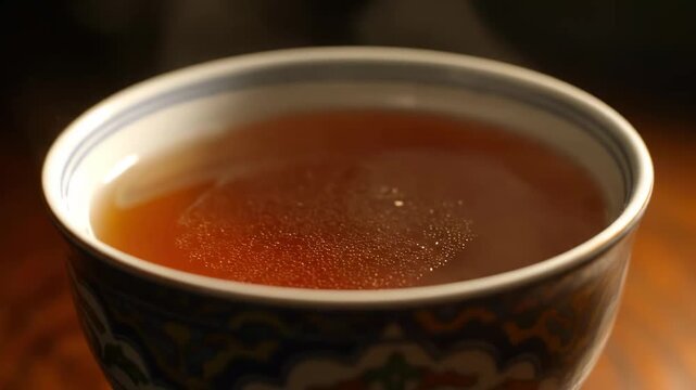 Close-up of hot steaming amber liquid in a traditional ceramic cup, with vapor rising from the surface against a dark background, symbolizing warmth and comfort.