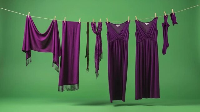 Colorful purple dresses hanging on clothesline against vibrant green wall showcase fashion and textile design