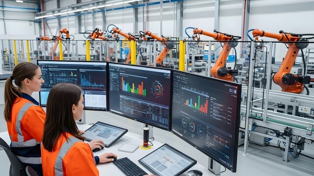 Two Asian women working with industrial robots in a modern factory with multiple computer screens