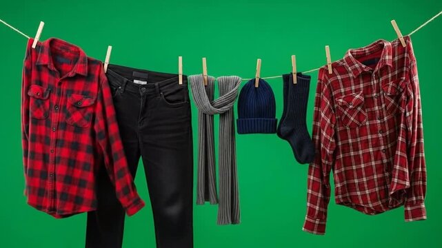 Clothes Hanging on a Line against Green Background Showcasing Casual Fall and Winter Wardrobe Selection for Men and Women