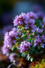 Obraz premium Close-up of a blooming thyme plant with purple flowers and green leaves Generative AI