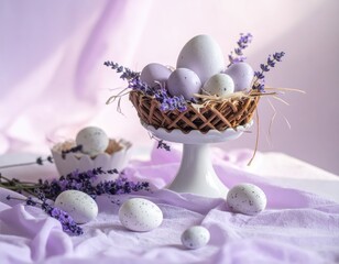 Obraz premium Soft Lavender Eggs in a Basket with Fresh Lavender Decor