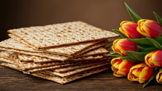 Rustic spring scene with stacked crackers and vibrant tulips on wooden table