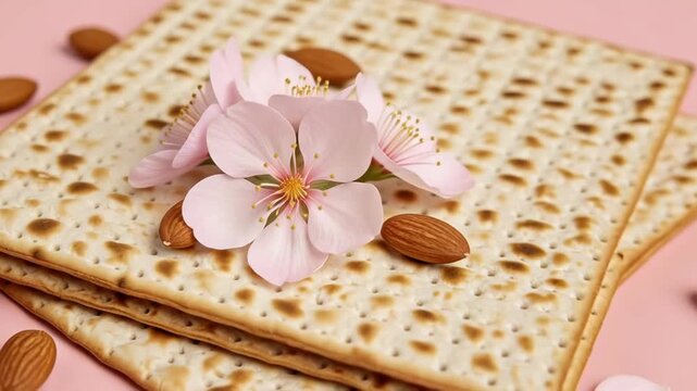 Matzo and almond blossoms on pink backdrop: a symbolic spring celebration