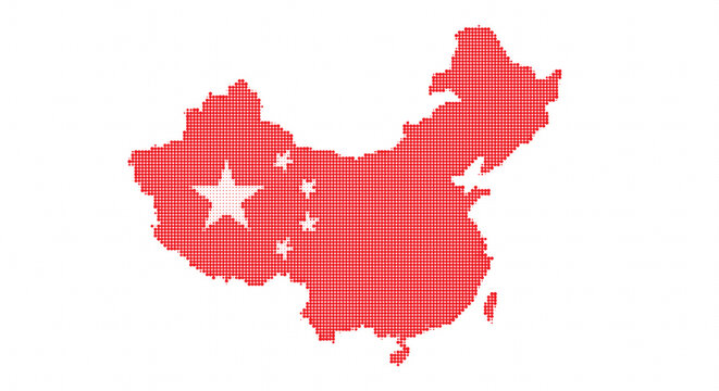 Red Halftone Dotted Map of China with Star Symbol, Abstract Chinese Geography Background, Dot Pattern China Map Vector Illustration
