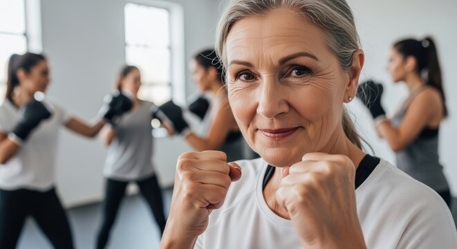 senior woman participating in group boxing class for fitness and empowerment