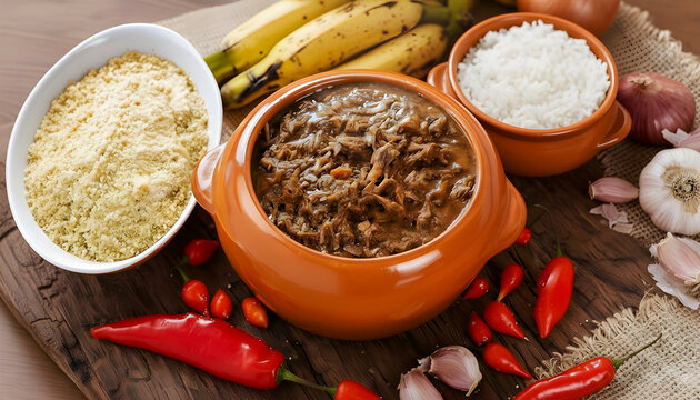 Barreado. Typical dish from Brazil, State of Paran&aacute;. Beef cooked for hours with Morretes cassava flour to make pir&atilde;o (a type of porridge), plantains, and white rice on a rustic table.