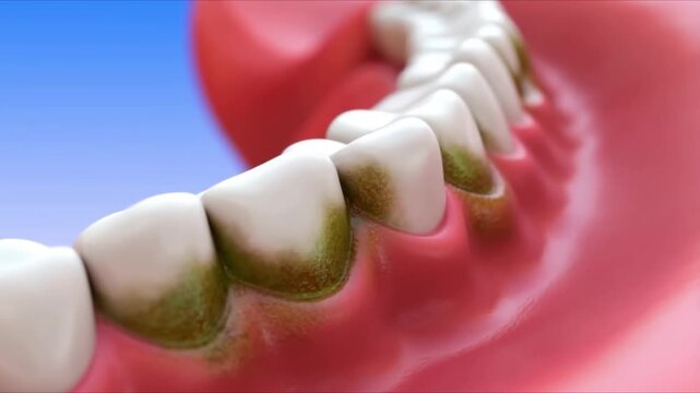 Close-up 3D illustration of human teeth showing plaque and gingivitis, highlighting poor dental hygiene.