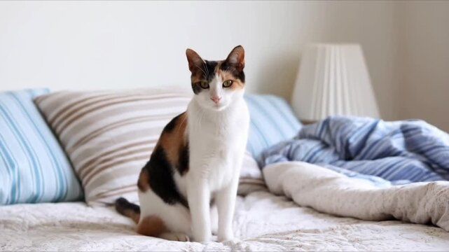 A calico cat sits attentively on a neatly made bed with pillows and a rumpled duvet.