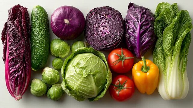 Assorted fresh vegetables, top view flat lay, clean white background, healthy eating concept, farm products, environmentally friendly, non-GMO, cabbage, onion, tomatoes, peppers
