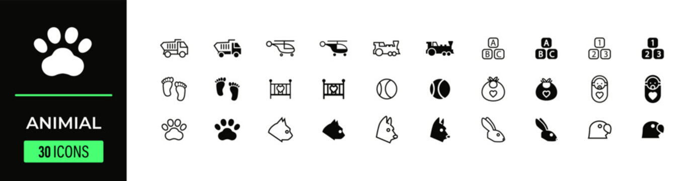 Animal icons set for wildlife, pets, and nature themes, featuring various creatures and paw prints.