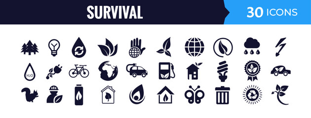 Survival and resilience icon set for emergency preparedness, resource management, and outdoor activities, featuring natural elements and tools.