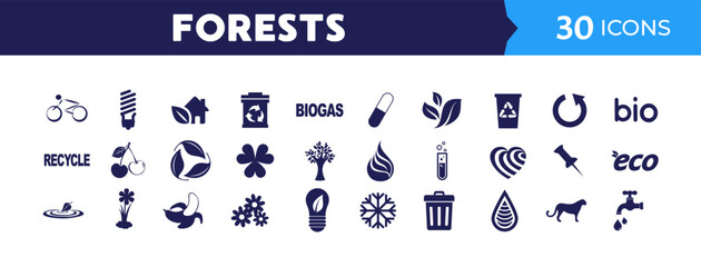 Forest and nature icons set for woodland environments, conservation, and ecological themes, featuring trees, plants, and recycling symbols.