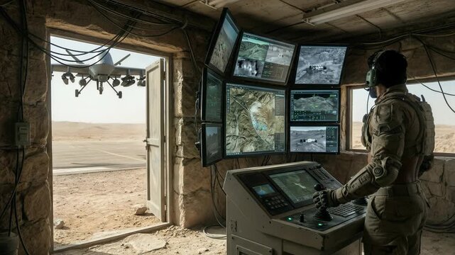 A soldier in futuristic gear operates a control console in a desert bunker as a military drone takes off from the runway visible through an open doorway