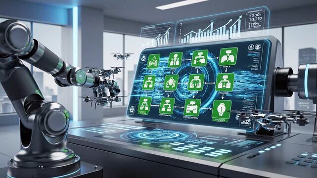 A robotic arm interacts with a high-tech control panel featuring workflow icons and automated process data for industrial manufacturing.