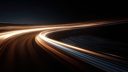 Abstract Light Trails on Dark Background in Curved Pathway