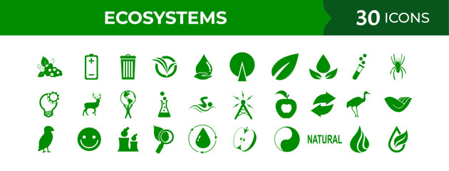 Ecosystems and nature icons set for biology, environment, and wildlife concepts, featuring diverse organisms and habitats