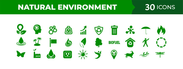 Natural environment icon collection for conservation, wildlife, and eco-friendly concepts, showcasing flora, fauna, and natural resources