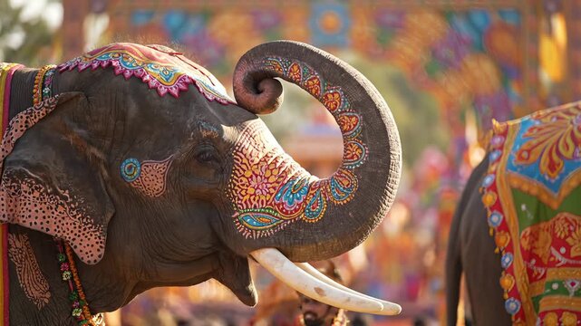 Majestic Decorated Elephant in Colorful Festival Parade With Intricate Patterns and Ornate Sella Under Bright Sunlight