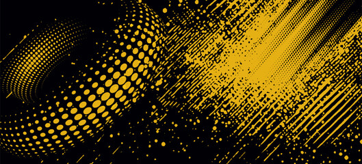 Halftone yellow dots pattern and black gradient grunge texture background. Dotted line comic sport style vector modern
