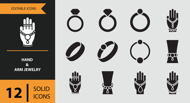 Hand and Arm Jewelry Icons solid icon set.Clean bracelets rings and arm solid icons