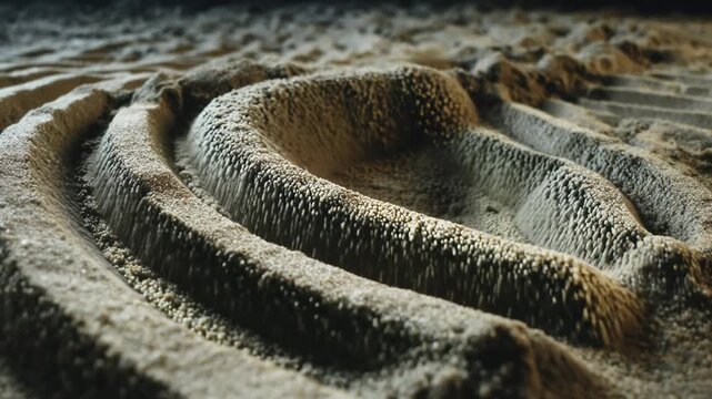 Relief concentric grooves in the sand vibrate and turn into sharp vertical needles under the influence of a powerful sound wave or magnetic field