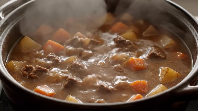 A steaming pot of hearty beef stew with chunks of tender meat, potatoes, and carrots simmering in a rich, savory broth.