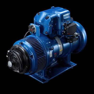 blue industrial water pump with an asynchronous electric motor, metallic surfaces with subtle reflections, isolated on a dark background, photorealistic industrial equipment