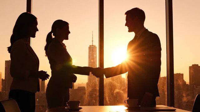 Silhouette of business people shaking hands near window with city skyline at sunset