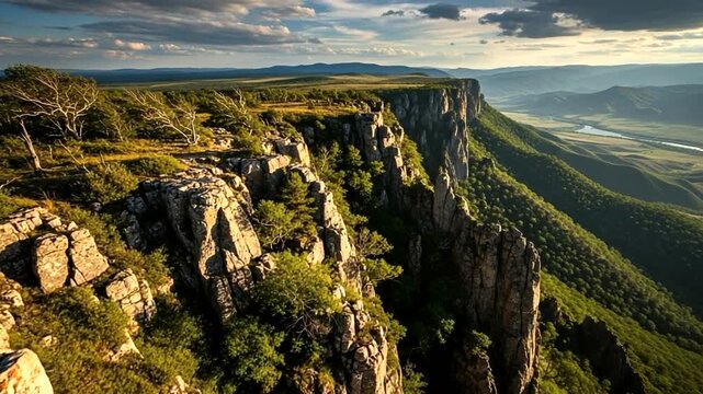 Rocky Cliff Landscape with Green Valley Below.