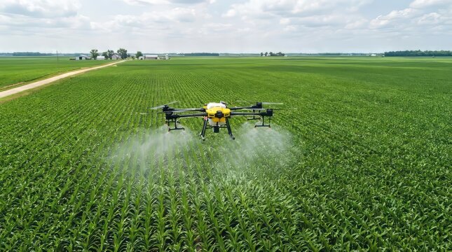 Agricultural drone sprays crop field with pesticide or fertilizer for healthy growth