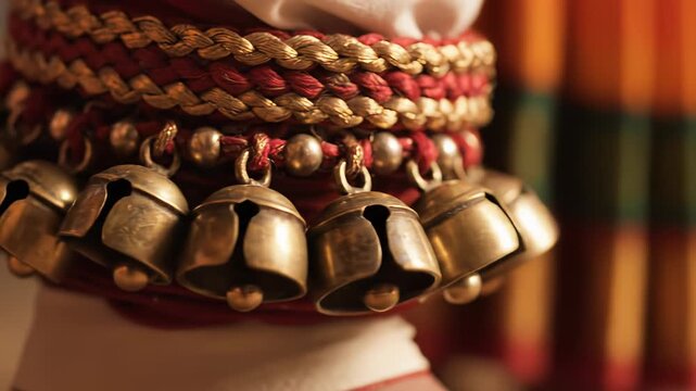 Close Up of Antique Golden Anklet with Red and Gold Braided Fabric and Dangling Bells Detailed Traditional Indian Jewelry Cultural Accessory