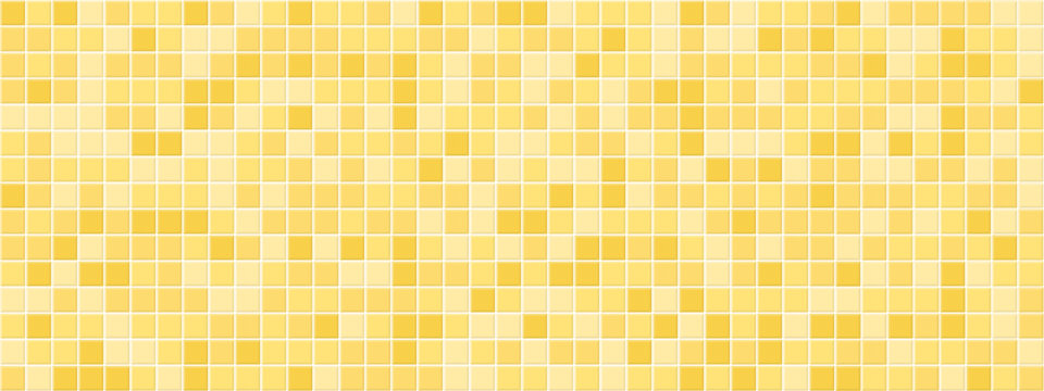 Yellow mosaic tile pattern kitchen, wall or floor. Yello color modern with floor pool square ceramic. Geometric interior tile with product scene, vector pixel background.
